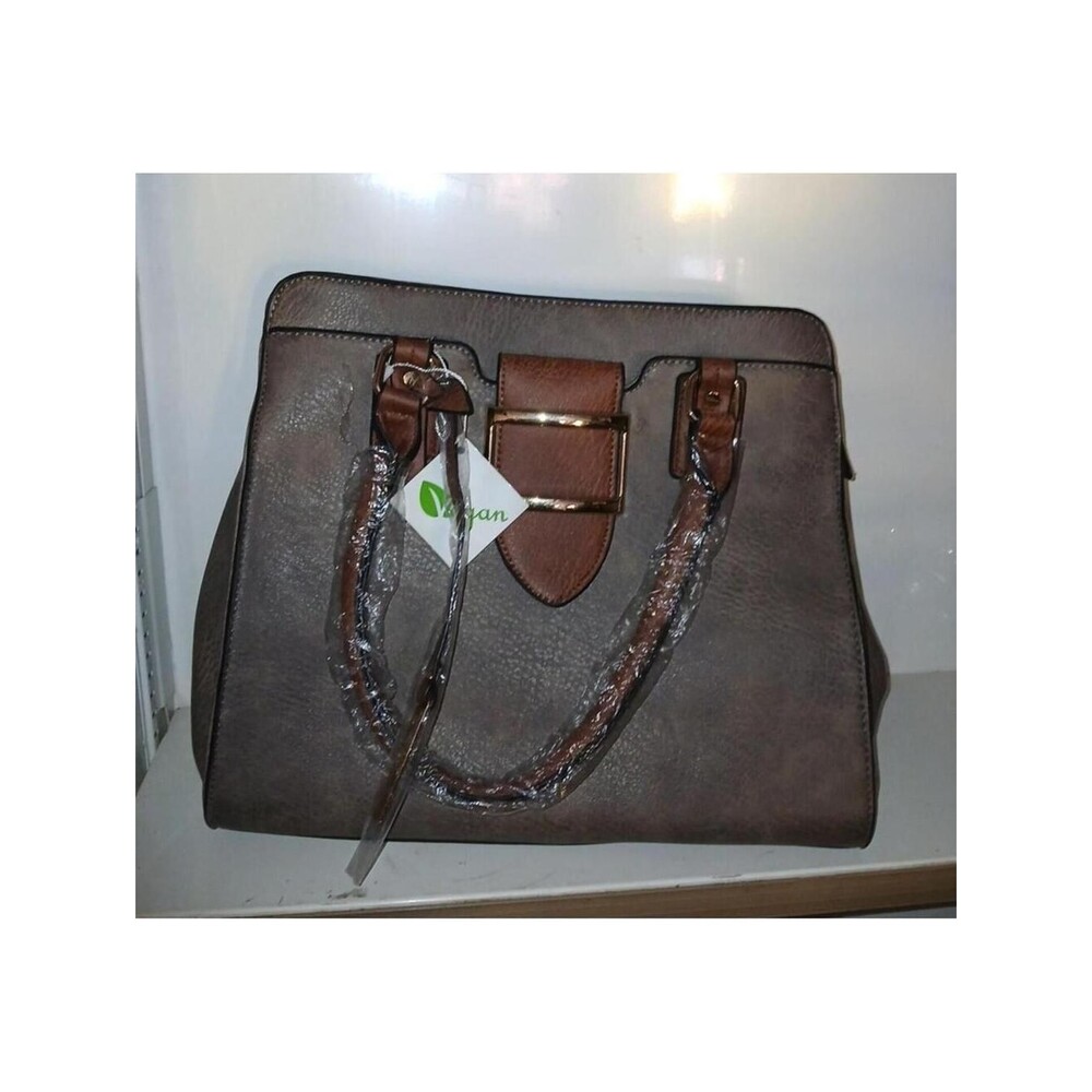 Vegan Faux Leather Structured Handbag with Gold Buckle Accent